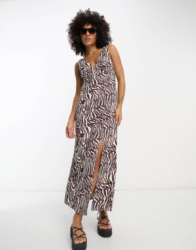 ASOS DESIGN linen v neck maxi slip sundress in natural zebra print