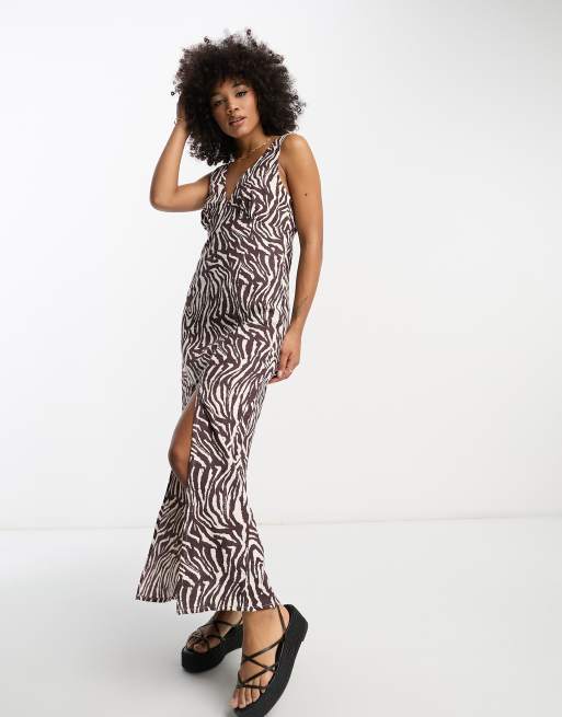 ASOS DESIGN linen v neck maxi slip sundress in natural zebra print