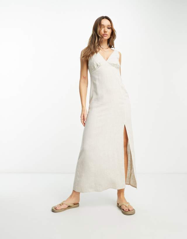 ASOS DESIGN linen V-neck maxi slip sundress in natural