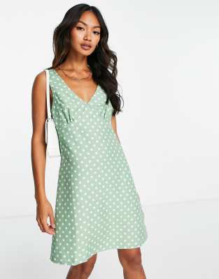 Asos Design Linen V Neck Mini Slip Dress In Sage Spot-multi