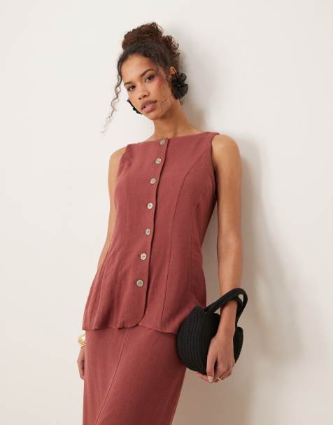 ASOS DESIGN linen waistcoat detail midi dress in apple butter - view 1