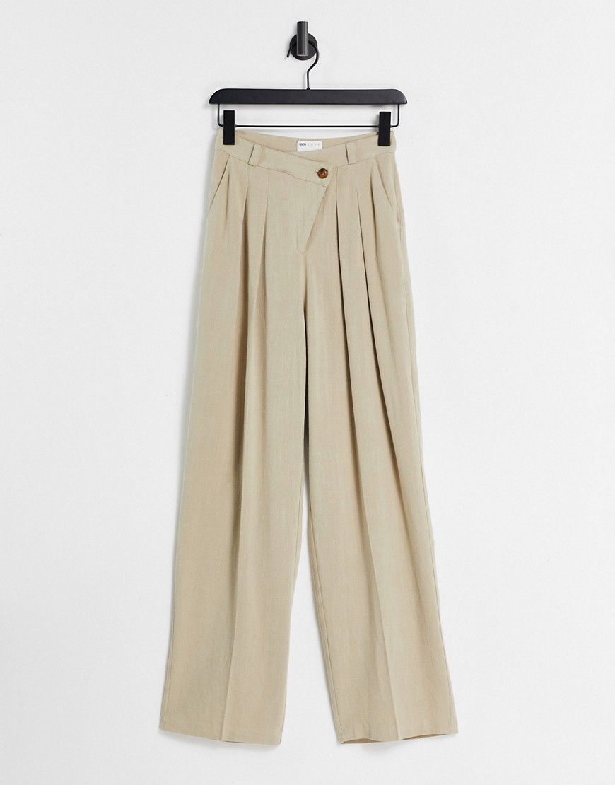 ASOS DESIGN linen wide leg pant with asymmetric fly in stone-White
