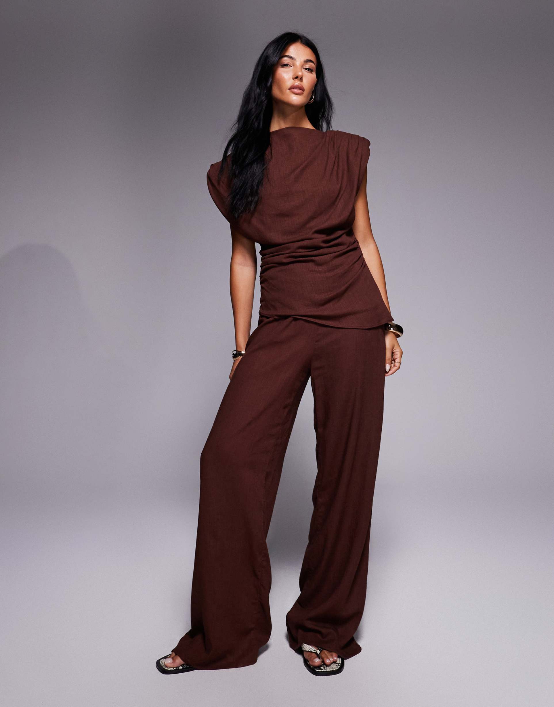 asos design linen wide leg pants in brown - part of a set
