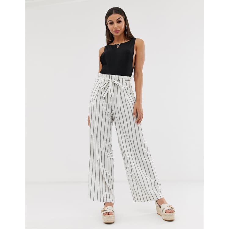 Self Tie Paper bag Waist Pinstripe Wide leg Pants