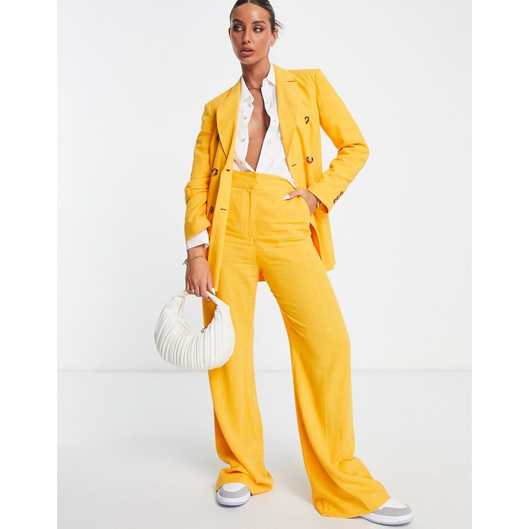ASOS DESIGN linen wide leg relaxed flare suit trousers in citrus