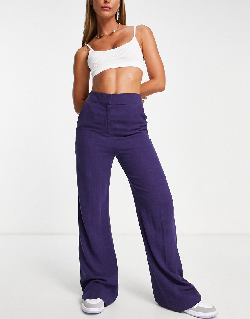 ASOS DESIGN linen wide leg relaxed flare trouser in purple-Navy