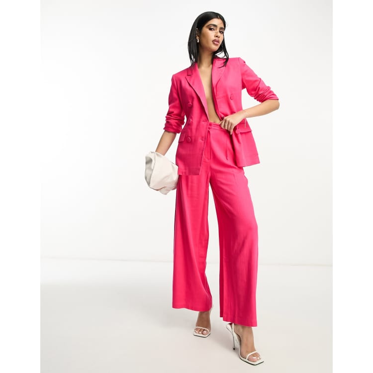 ASOS DESIGN linen wide leg suit pants in hot pink