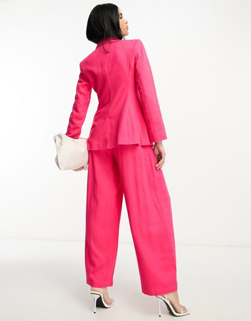 ASOS DESIGN linen wide leg suit pants in hot pink