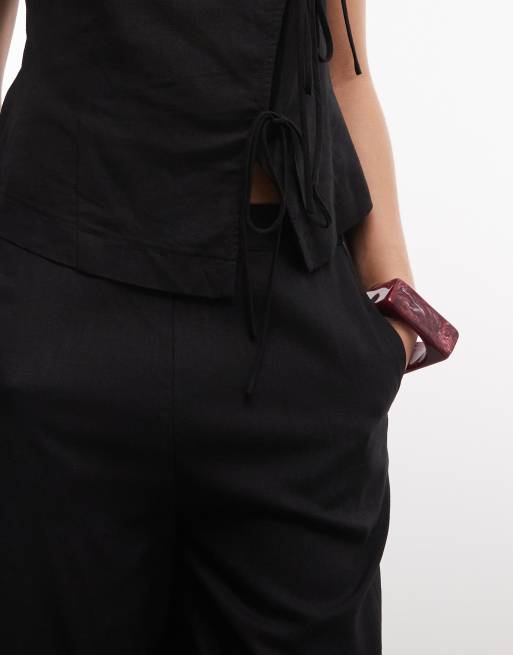 ASOS DESIGN linen wide leg trouser co-ord in black, 3 of 5