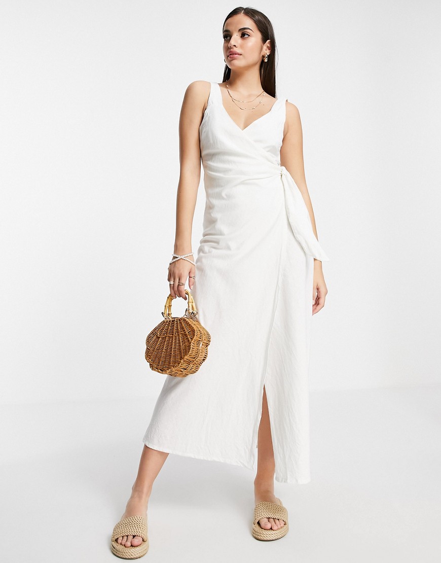 ASOS DESIGN linen wrap maxi dress in white