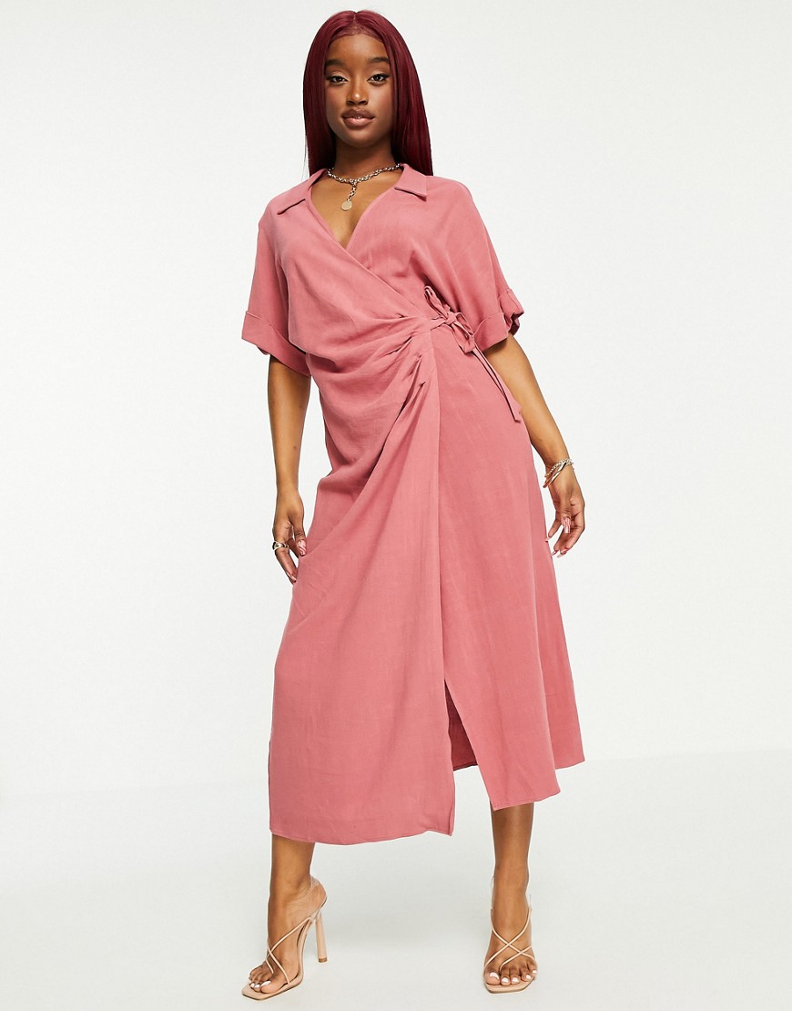 ASOS DESIGN linen wrap midi dress in dusty rose-Pink
