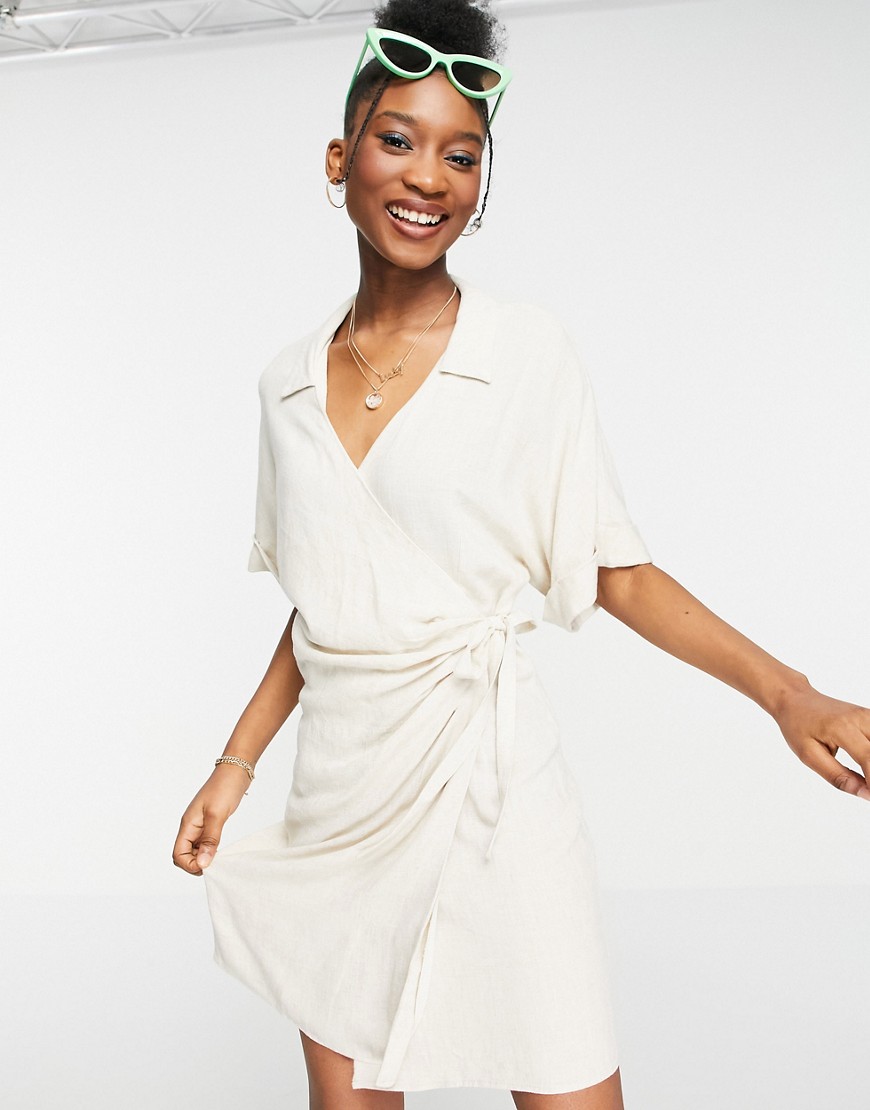 ASOS DESIGN linen wrap mini dress in natural-White