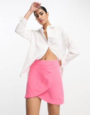 Asos Design Linen Wrap Mini Skirt In Pink