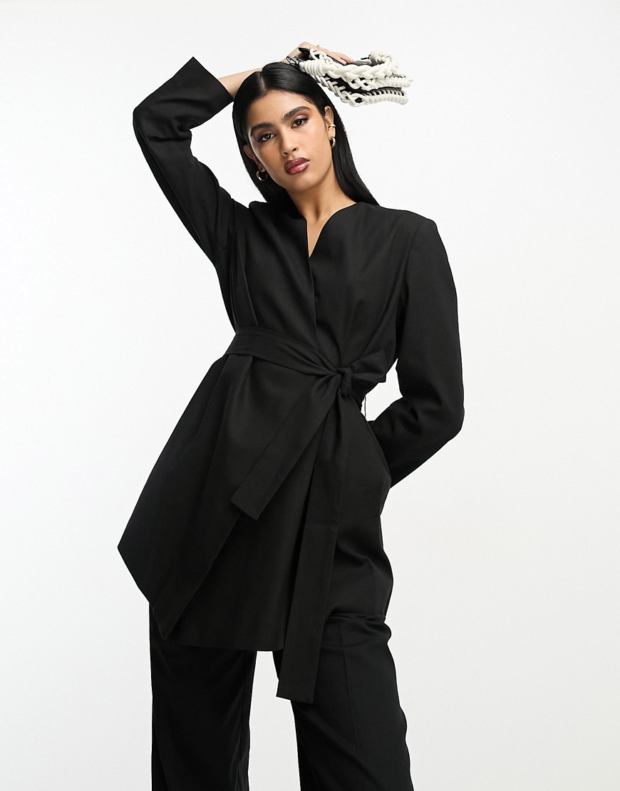 ASOS DESIGN linen wrap suit blazer in black