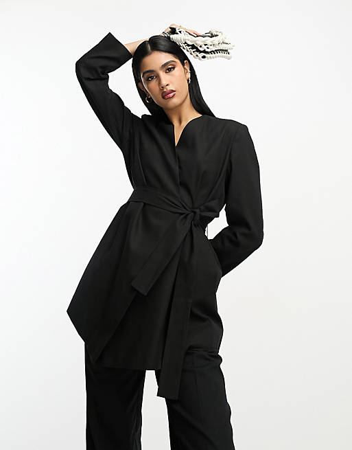 ASOS DESIGN linen wrap suit blazer in black | ASOS
