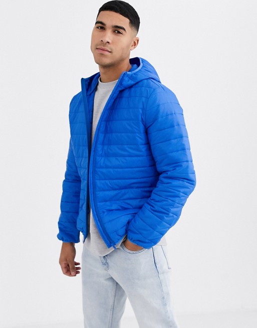 ASOS DESIGN lightweight puffer jacket with hood in cobalt blue