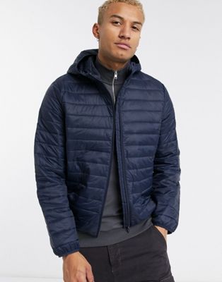 ASOS DESIGN liner puffer jacket with hood in navy | ASOS
