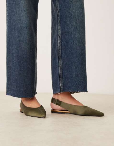ASOS DESIGN Linford slingback ballet flats in green satin - view 1