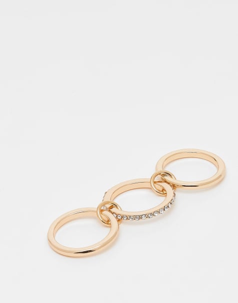 ASOS DESIGN linked stacking ring with faux-crystal embellishment in gold tone - view 1