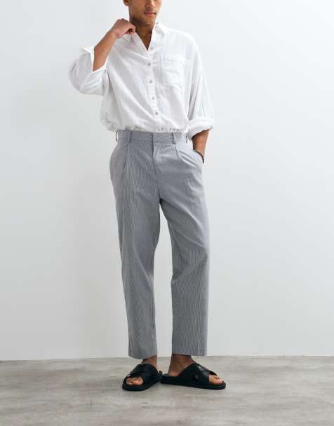 ASOS DESIGN linne, lätta skräddade avslappnade avsmalnande byxor i blå pinstripe - view 1