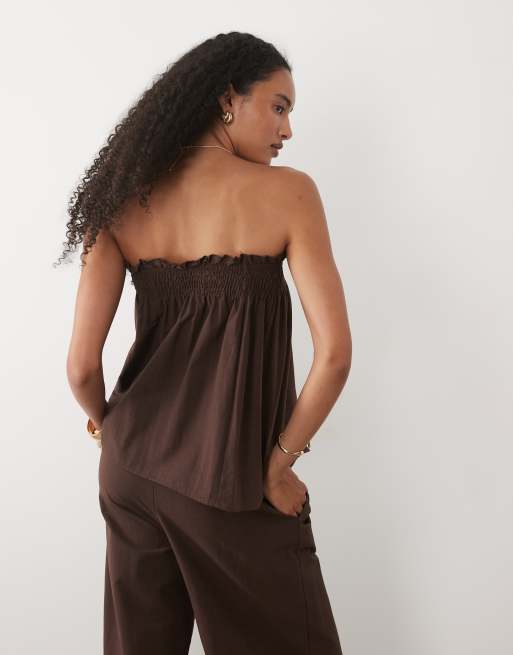 ASOS DESIGN linneblandning smockad bandeautopp set i choklad, 4 av 4