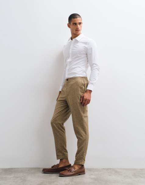 ASOS DESIGN linnebyxor med skräddad avsmalnande passform i brunt nålrandigt med elastisk midja - view 1