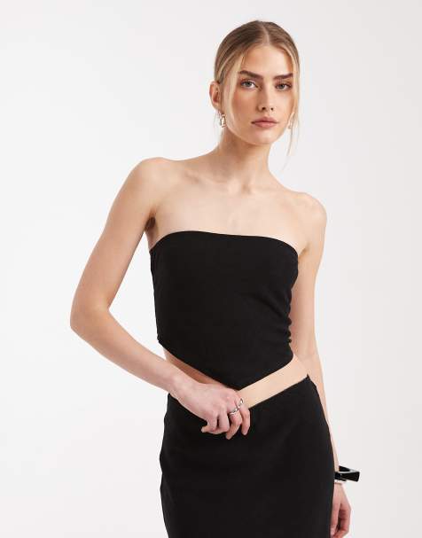 ASOS DESIGN - Linnen bandeau-sjaaltop met gesmokte achterkant in zwart - view 1