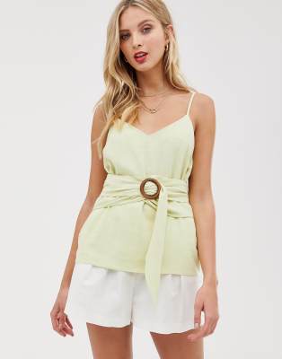 ASOS DESIGN linen cami with wrap around waist and buckle detail-Green Green