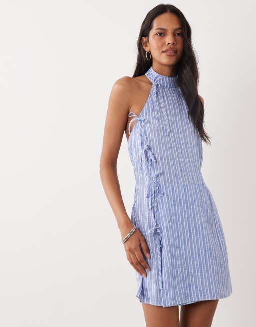 ASOS DESIGN linnen halterjurk met strikdetail in blauw gestreept, 2 van 4