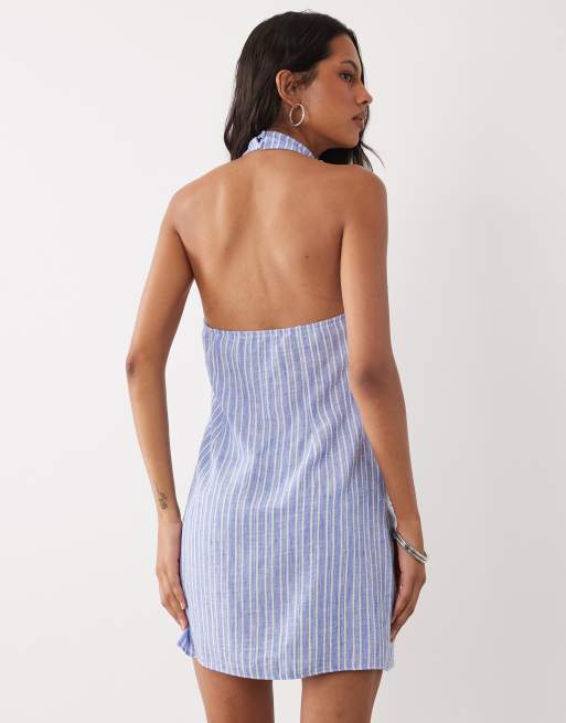 ASOS DESIGN linnen halterjurk met strikdetail in blauw gestreept, 4 van 4