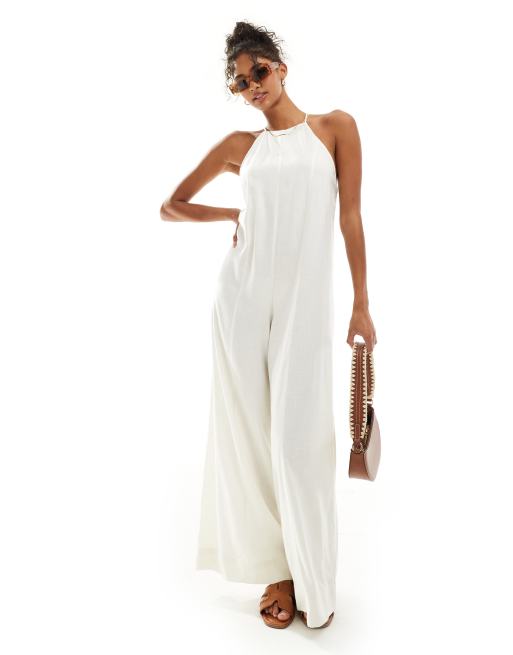 ASOS DESIGN - Linnen jumpsuit met racerhals en kruisarcering in crosshatch