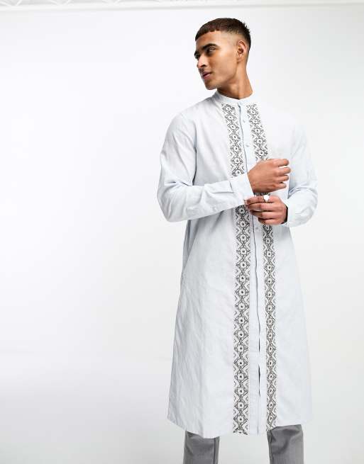 ASOS DESIGN - Linnen kurta overhemd met lange pasvorm met de hand versierde knoopbies in blauw