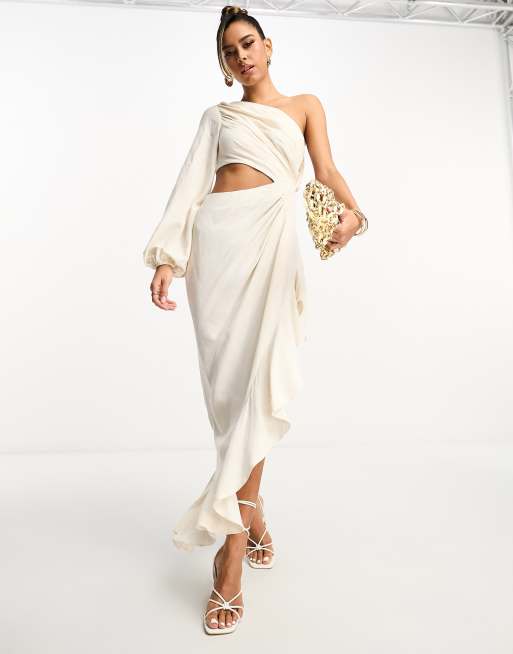 ASOS DESIGN - Linnen maxi jurk met rimpeleffect, één mouw en zijsplit met ruches in stone