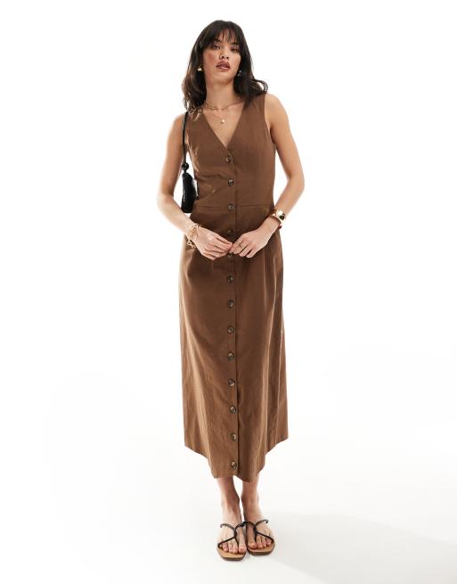 ASOS DESIGN - Linnen midi giletjurk met knopen in chocoladebruin
