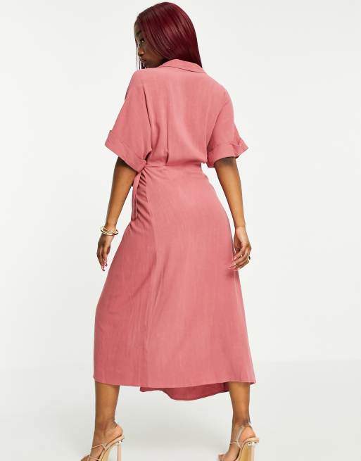 ASOS DESIGN - Linnen midi-jurk met overslag in oudroze | ASOS