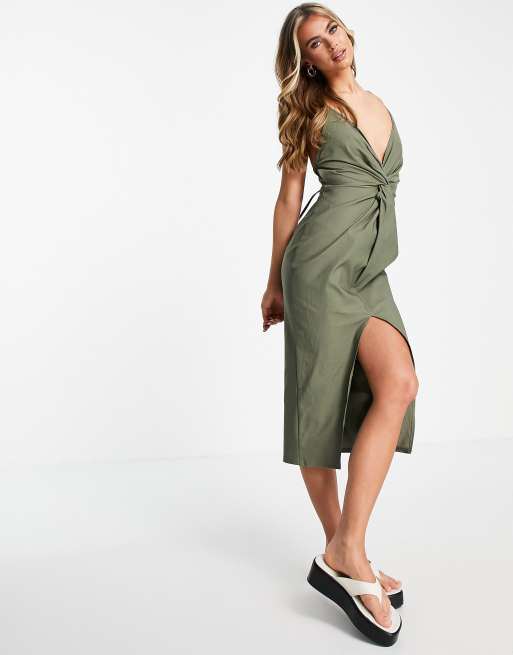 ASOS DESIGN - Linnen midi jurk met smalle bandjes en gedraaid detail in kaki