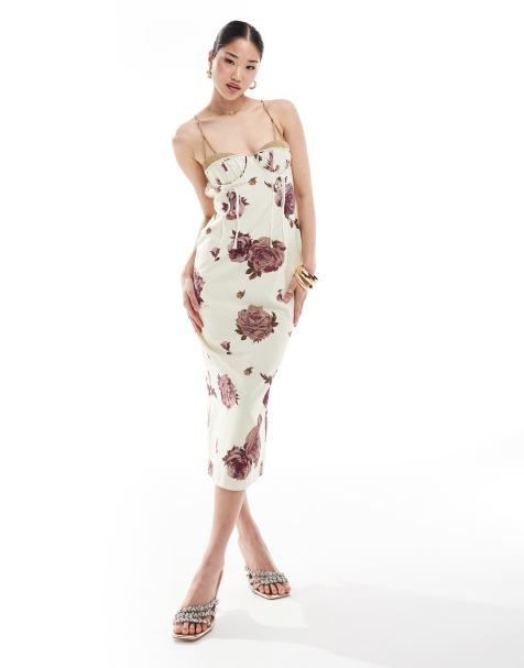 ASOS DESIGN - Linnen midi-kokerjurk met cups en uitsnijdingen in bloemenprint - view 1