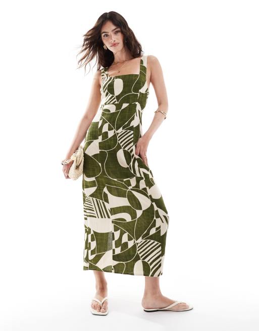 ASOS DESIGN - Linnen midi zonnejurk met vierkante hals en gestrikte achterkant in groene abstracte print