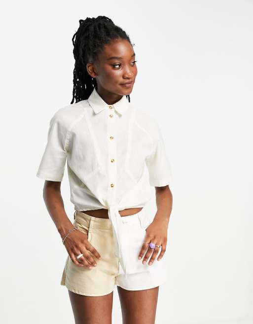 ASOS DESIGN - Linnen overhemd met korte mouwen en gestrikte voorkant in ivoorwit