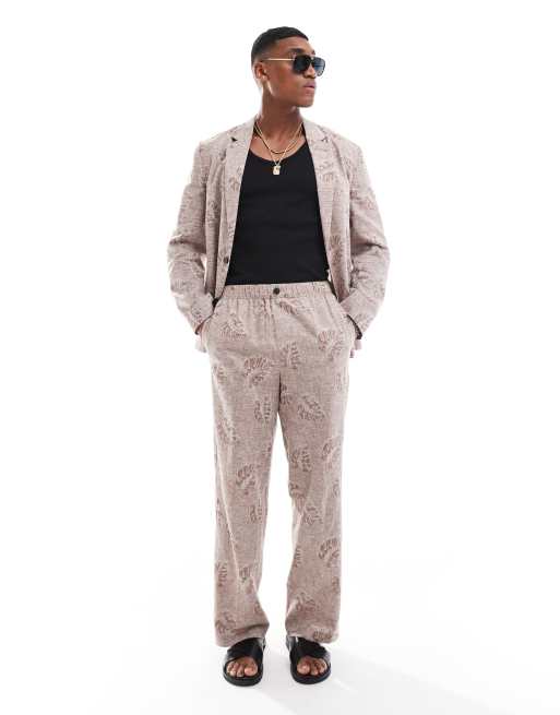 ASOS DESIGN - Linnen pantalon met wijde pijpen en elastische taille in beige