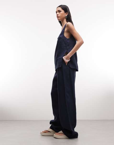 ASOS DESIGN - Linnenlook broek met elastische taille in marineblauw - view 1