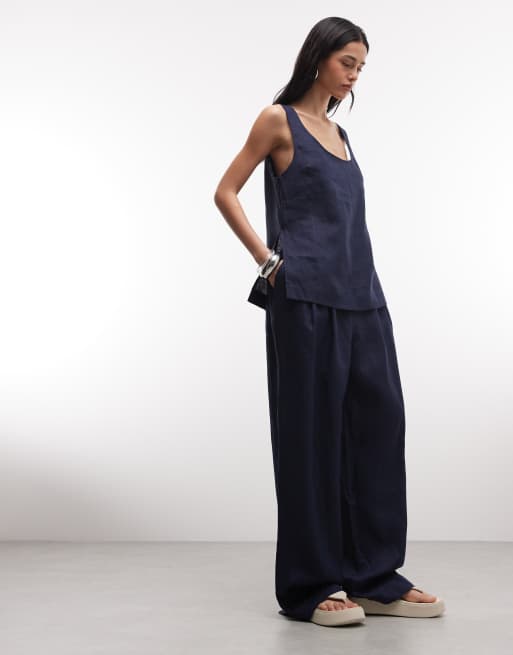 ASOS DESIGN - Linnenlook broek met elastische taille in marineblauw, 2 van 5