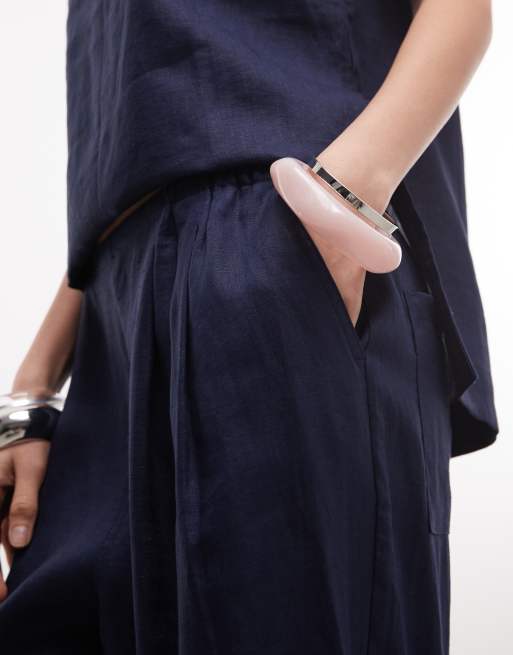 ASOS DESIGN - Linnenlook broek met elastische taille in marineblauw, 3 van 5