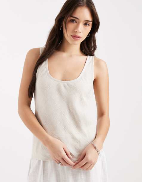ASOS DESIGN - Linnenmix cami met lage ronde hals in stone - view 1
