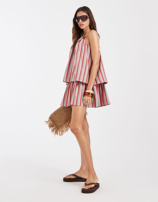 ASOS DESIGN linnenmix jurk met dubbele laag, halter en streep, 3 van 4