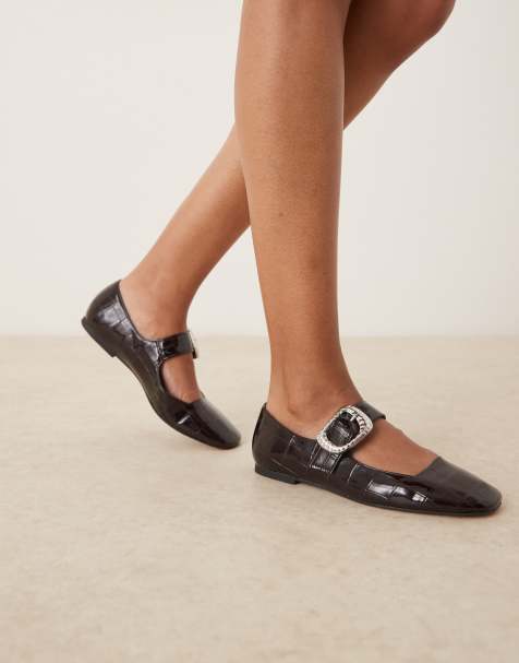 ASOS DESIGN - Linton - Ballerine stile Mary jane marroni effetto coccodrillo con punta squadrata - view 1