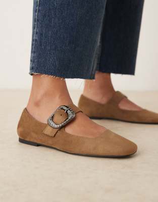 Asos Design Linton Square Toe Mary Jane Ballet Flats In Neutral
