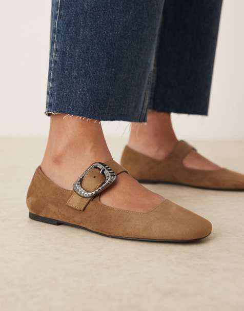 ASOS DESIGN Linton square toe mary jane ballet flats in taupe suedette - view 1