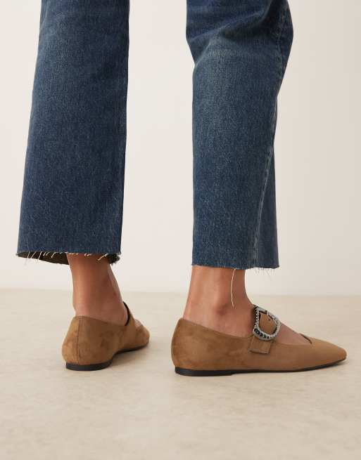 ASOS DESIGN Linton square toe mary jane ballet flats in taupe suedette