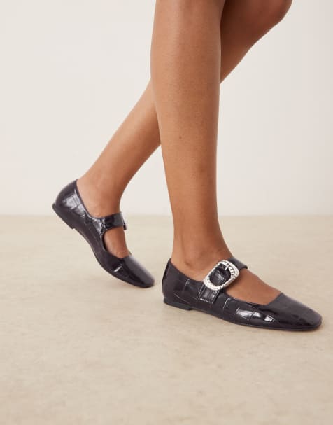 ASOS DESIGN Linton square toe mary jane ballets in brown croc - view 1